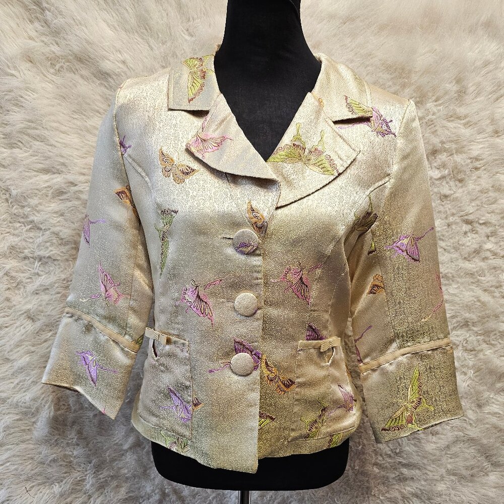 Vintage Robert Louis Women's Silk Blend Yellow Oriental Metallic Blazer Jacket S